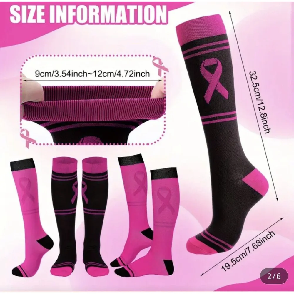 2 Pink Ribbon Knee-high Socks Barbie Pink Compression Socks For Sports